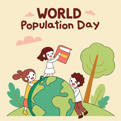 Children and Future Concept Art – Happy kids with globe, trees, books world population day