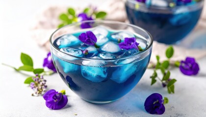 Refreshing blue drink with ice cubes and edible purple flowers on a light background