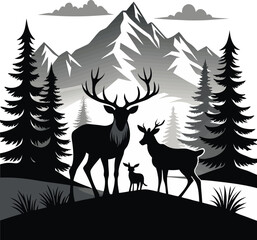 This collection of black and white images depicts various animals, including a deer and a goat, set against backgrounds that suggest a natural or mountainous habitat