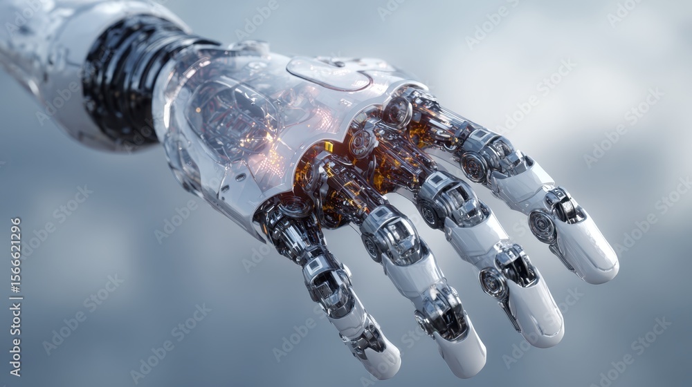 Aufkleber robotic hand revealing intricate metallic gears, mechanical components extending forward, symbolizin