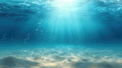 Bright sunlight penetrating turquoise waters revealing textured sandy seafloor, soft air bubbles rising gently through luminous underwater landscape