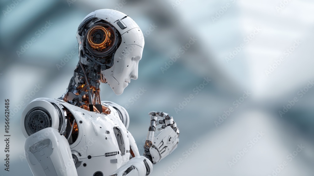 Poster humanoid robot with a sleek orange white design contemplating technological potential through a deli