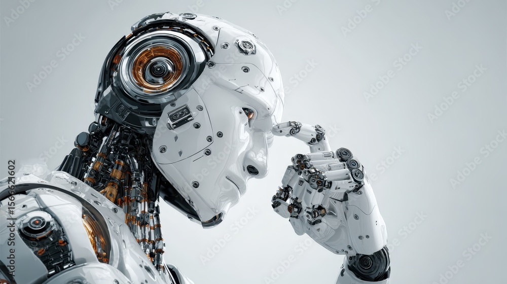 Poster humanoid robot touching head, representing advanced artificial intelligence, machine learning, and c