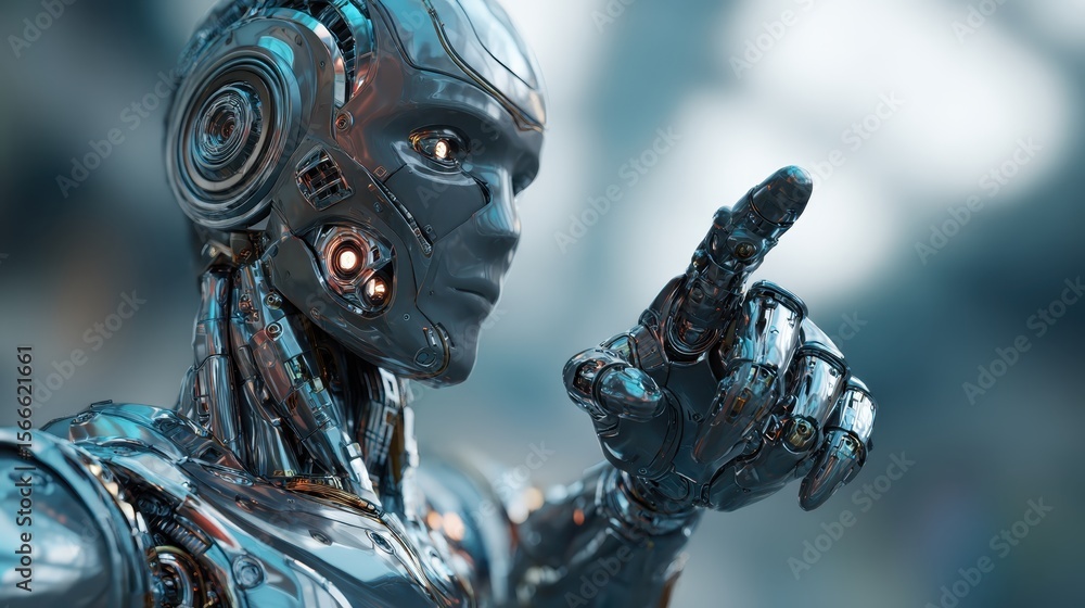 Poster metallic humanoid robot standing with glowing eyes, pointing index finger against blurred technologi