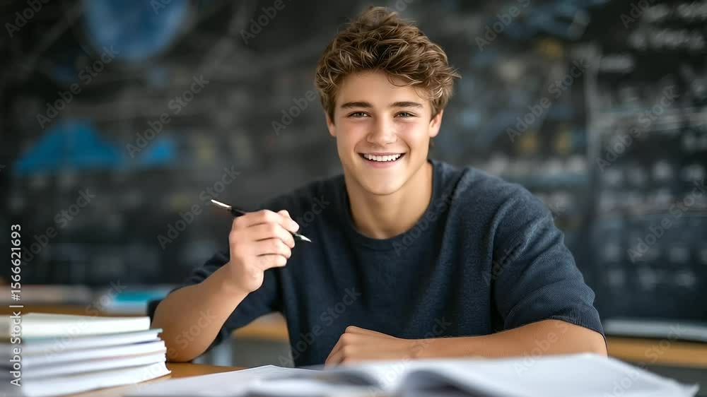 Poster enthusiastic student smiles while copying from a chalkboard, textbook and lined notebook neatly plac