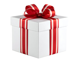 Obraz premium A beautifully wrapped white gift box adorned with a vibrant red and white striped bow, ready for celebration.