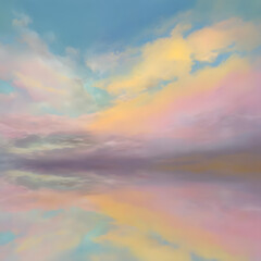 Obraz premium A painting of a sky with clouds and a reflection of the sky in a body of water