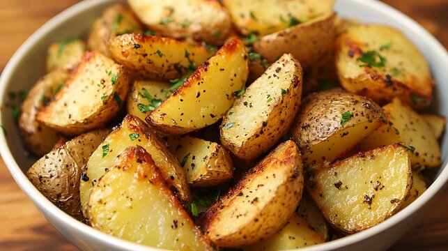 Baked potato wedges with herbs and spices on wooden background.