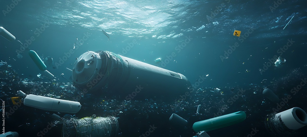 Poster advanced ocean cleanup station surrounded by smart buoys and environmental sensors in actionable mar