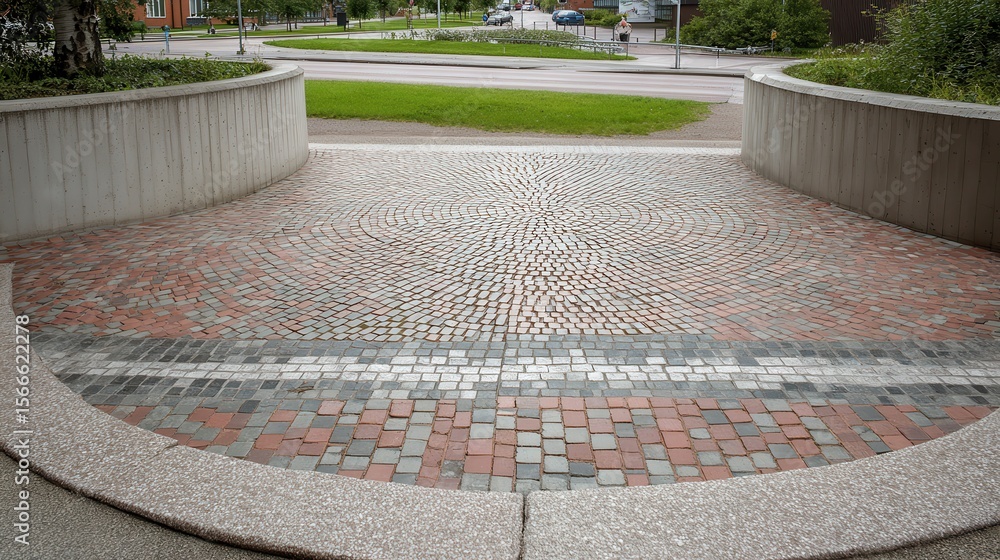 Poster urban cobblestone pavement creating concentric circular patterns, blending muted tones and geometric