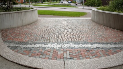 Urban cobblestone pavement creating concentric circular patterns, blending muted tones and geometric design elements across pedestrian walkway surface