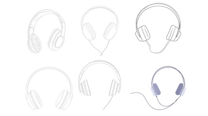 Line art illustration of a headset with clean cable curves, minimalist vector design highlighting sleek audio equipment, modern technology, and smooth flowing lines suitable for tech branding 