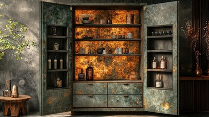 Elegant vintage cabinet with warm backlighting, showcasing decorative bottles and jars, perfect for home decor inspiration and interior design projects.