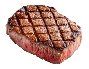 A succulent, perfectly grilled beef steak with enticing char marks and a juicy pink interior, ready to savor.