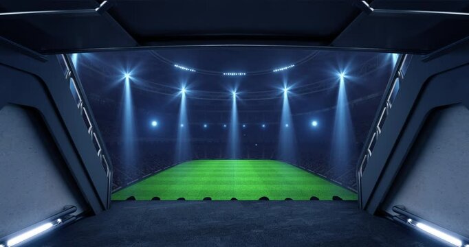 Entrance to a floodlit sports stadium full of cheering fans with an empty grass field before a league or tournament match. Professional sports 4k video for advertisement background.