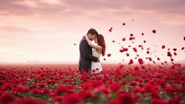 Romantic Couple Embracing in Rose Field at Sunset - A man and woman stand embracing in a field of red roses as rose petals fall around them.