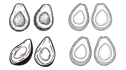 Line art illustration of a halved avocado showing the seed, minimalist and clean vector design highlighting natural fruit detail, healthy food concept, and organic lifestyle in a simple and elegant 