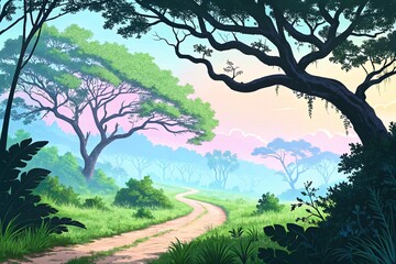Fototapeta premium A winding dirt path through a lush green landscape with trees and a pastel colored sky at dusk or dawn