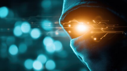 Mysterious Figure with Illuminated Eye in Digital Environment