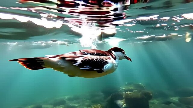 White swans, geese, and ducks swim gracefully on a blue lake, reflecting the wild nature of birds and fish in the water 4k animal video