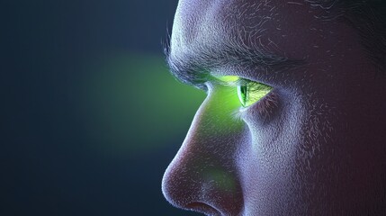 Close-Up of a Human Eye with Neon Green Light Reflection