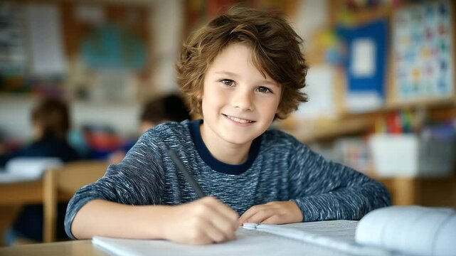 Happy schoolboy in a tidy classroom writes eagerly in a workbook; educational decorations like alphabet charts and number posters cover the walls.