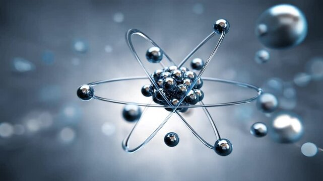 Atom with protons and electrons shown alongside its chemical structure, representing chemical science and molecular structures in an educational style