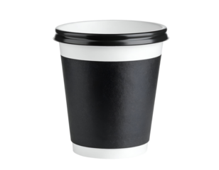 A stylish white and black takeaway coffee cup, perfect for enjoying a warm drink on the go.