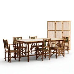 A wooden table with a bamboo screen in the background