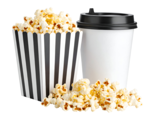 Classic striped popcorn box overflowing with delicious kernels alongside a refreshing beverage cup.