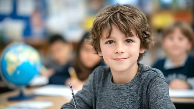 Confident boy glances at the camera while jotting notes, classroom full of cheerful students behind him; globe, books, and pencils fill the vibrant space.