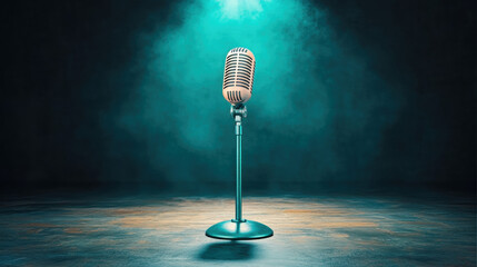 Minimal R&B, A single microphone on a dark stage with soft spotlights illuminating it.