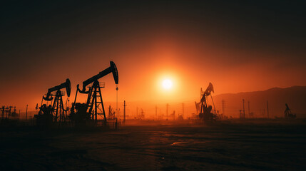 Oil extraction process at sunset industrial site photography desert environment wide-angle view energy concept