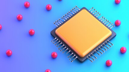 Vibrant Microchip Surrounded by Red Balls on Blue Gradient