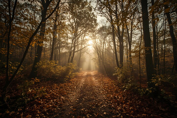 Obraz premium Cinematic Autumn Forest Path with Golden Sunlight
