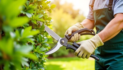 Gardener trimming green hedge with pruning shears in sunny park  