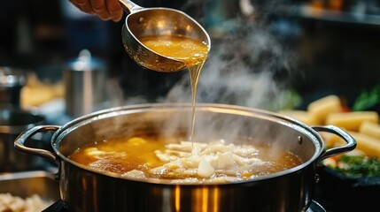 A steaming hot pot of soup has broth being poured from a ladle, with ingredients simmering inside in a cozy kitchen setting.