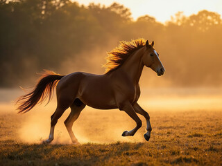 Majestic Horse Galloping in Sunset Field