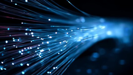 Fiber optic light beams flowing in motion on a dark blue background, representing digital connectivity and high speed data transfer in a tech network - Powered by Adobe
