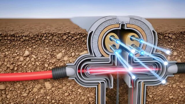 Detailed illustration of a high-tech underground cable connection with energy beams, showcasing advanced technology