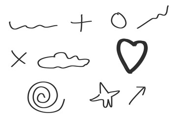 black scribble brush stroke element, heart, star, arrow, circle, cross. abstract transparent PNG for backgrounds, highlights, scrapbook, planner, digital designs, and expressive visual accents