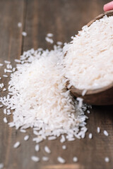 Close-up of rice in bowl on table, Healthy Food Ingredient – White Rice Still Life, Glass Bowl...