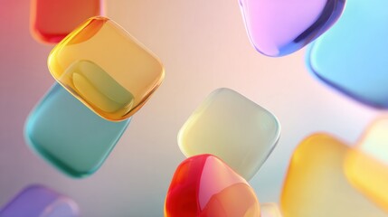 Abstract Colorful Floating Gems: A vibrant, glossy display of multicolored, square and rounded shapes.