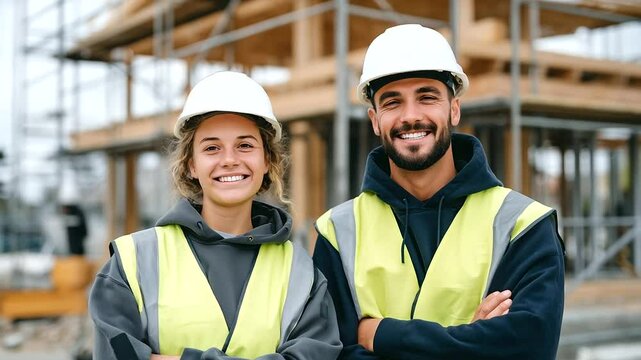 Cheerful male and female builders stand side by side smiling broadly, new house framing and scaffolding behind them softly blurred, representing strong partnership and shared achie