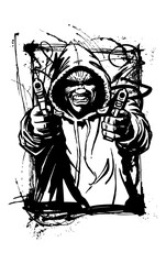 Armed Attitude: A gritty illustration captures an intimidating figure in a hooded sweatshirt, fiercely brandishing dual firearms in a stylized, artistic expression. Perfect for Merch design & poster.