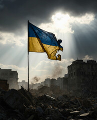 A tattered Ukrainian flag (blue and yellow) waving in the wind amidst a war-torn urban landscape. The flag is partially burned, with visible bullet holes, symbolizing resistance. The background shows 