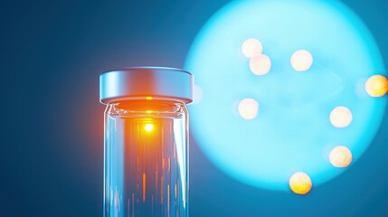 Glass vial with glowing substance against blue backdrop