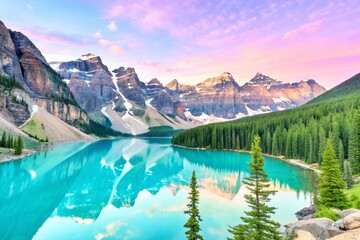 A vibrant turquoise lake surrounded by snow capped mountains and evergreen trees at sunset light