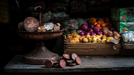 Vintage Weighing Scale Surrounded by Fresh Produce at Market Stall
