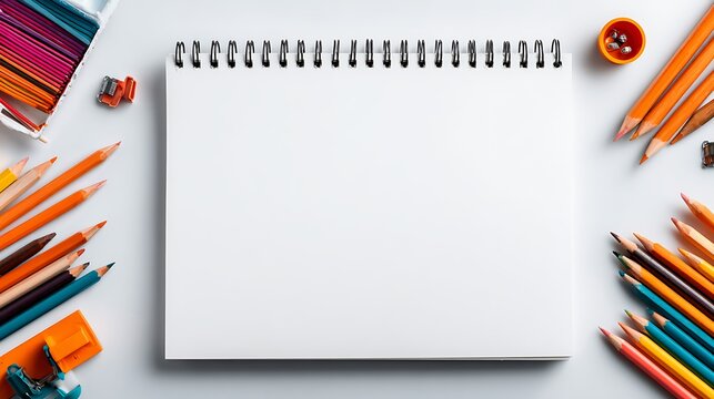 An open sketchbook ready for creative work, surrounded by colorful pencils and art supplies on a bright white background.